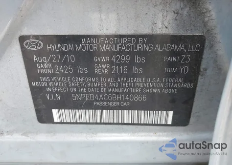2011 Hyundai Sonata Gls from USA, damaged, VIN 5NPEB4AC6BH140866